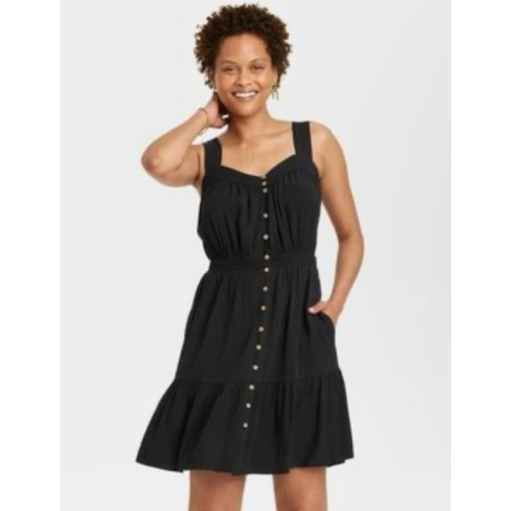 KNOX ROSE • Black Tiered Sleeveless Button-Front Mini Dress, L